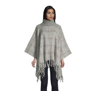 World market Gray brown Windowpane Turtleneck Poncho winter warm cozy western